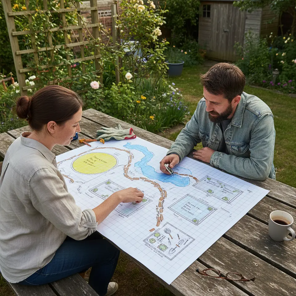 Top-down garden blueprint illustrating distinct zones of sun and shade, pathways or stepping stones, and designated planting beds—complete with a simple grid layout, tool storage area, and microclimate annotations for vegetables, herbs, and flowers