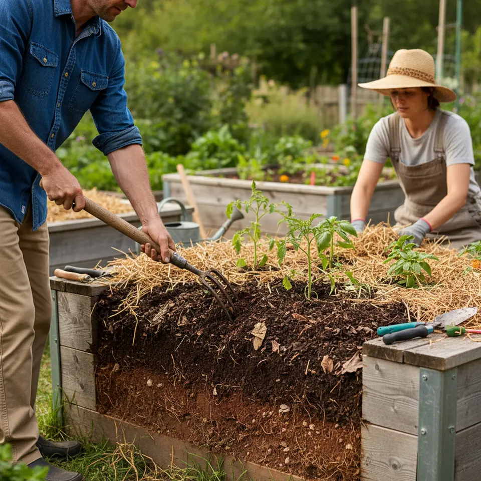 Cross-sectional view of enriched garden soil showing layers of native earth, a 2–3 inch compost amendment, raised bed edges or containers, plus a 2–4 inch organic mulch layer around plant stems—complete with gardening tools like a garden fork inserting amendments