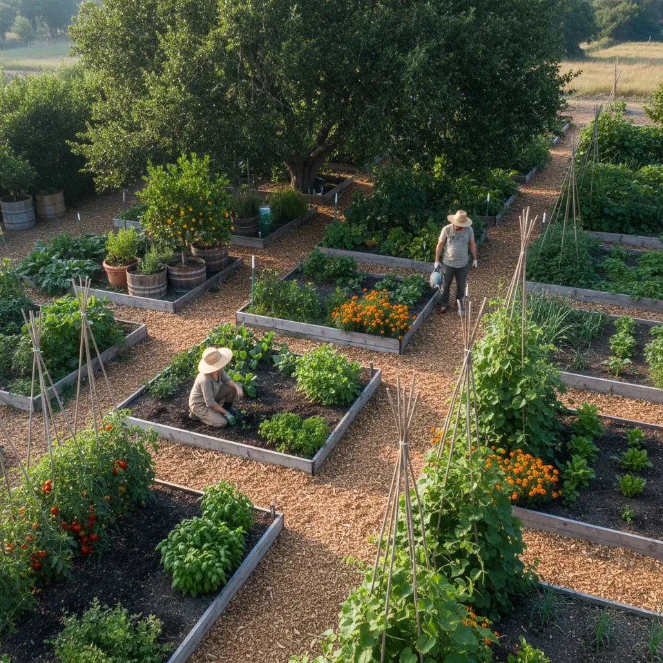 Overhead view of an organic garden layout showing raised beds, in-ground rows, and containers positioned by sun/shade zones, with wood-chip pathways, vertical trellises supporting vines, and clusters of companion plants like basil next to tomatoes and marigolds near beans