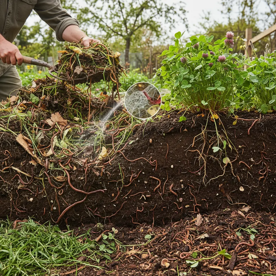 Cross-section illustration of living soil and compost in action: a layered compost pile of greens and browns being turned, rich soil teeming with earthworms and microbes, nearby cover crops (clover, rye) with root systems, and mulch layers breaking down into humus