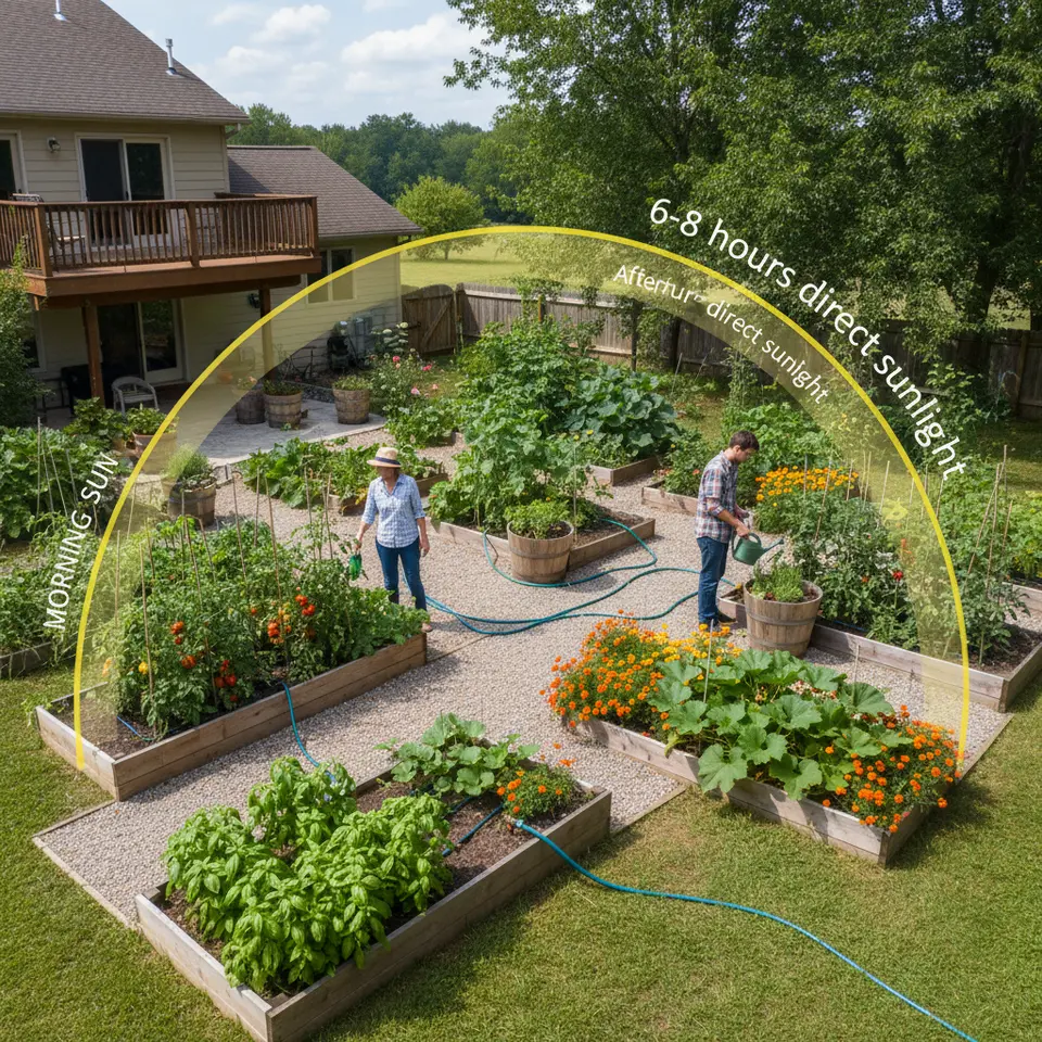 Bird’s-eye view garden layout showing sun-path arcs over a backyard vegetable plot: highlight 6–8 hours direct sunlight zones, raised beds and in-ground areas, container planters, irrigation lines, wide access paths, and companion planting groupings (e.g., basil with tomatoes, marigolds with squash).