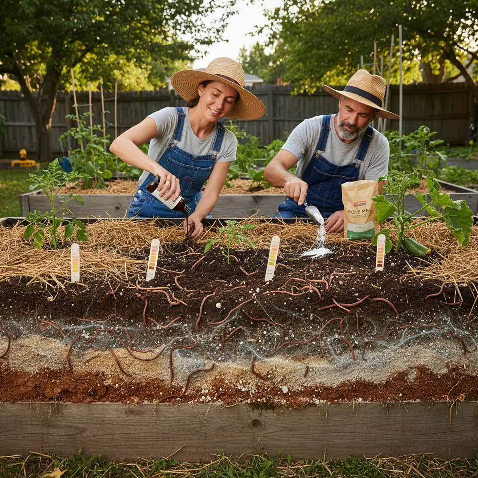 Cross-section of a raised vegetable bed illustrating soil health practices: 2–4 inches of finished compost worked into topsoil, amended clay and sandy zones, pH test kit strips, a layer of straw mulch on the surface, earthworms and beneficial microbes, and organic fertilizers (fish emulsion, bone meal) being side-dressed around plant roots.