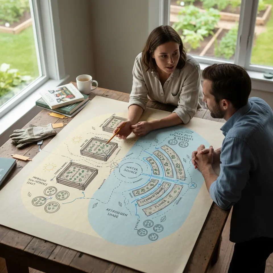 Drafting a Garden Layout – an overhead view of a home vegetable garden plan showing raised beds, in-ground rows, and container arrangements, with marked walkways, irrigation lines, and sunlight/shade zones for morning and afternoon light