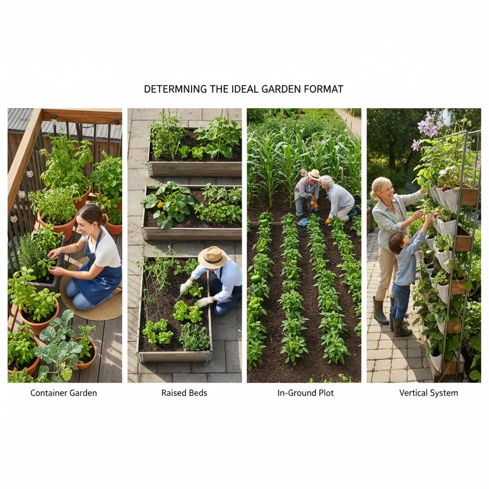 Determining the Ideal Garden Format – A top-down illustration showing four distinct garden layouts side by side: (1) container gardens on a balcony with potted herbs and compact veggies; (2) raised beds framed in wood filled with rich soil and seasonal crops; (3) a traditional in-ground plot with neat rows of vegetables; and (4) a vertical system of trellises and stacked planters supporting climbing plants.