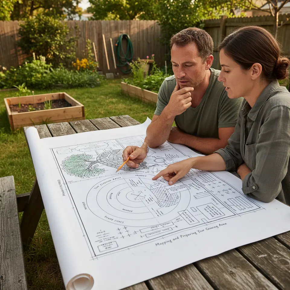 Mapping and Preparing Your Growing Area – A detailed blueprint diagram of a garden plot, labeled with property boundaries, pathways, sun-exposure arcs (morning, midday, afternoon), shade zones, water source and drip-irrigation lines, soil-testing stations, drainage trenches, and proposed locations for raised beds or containers.