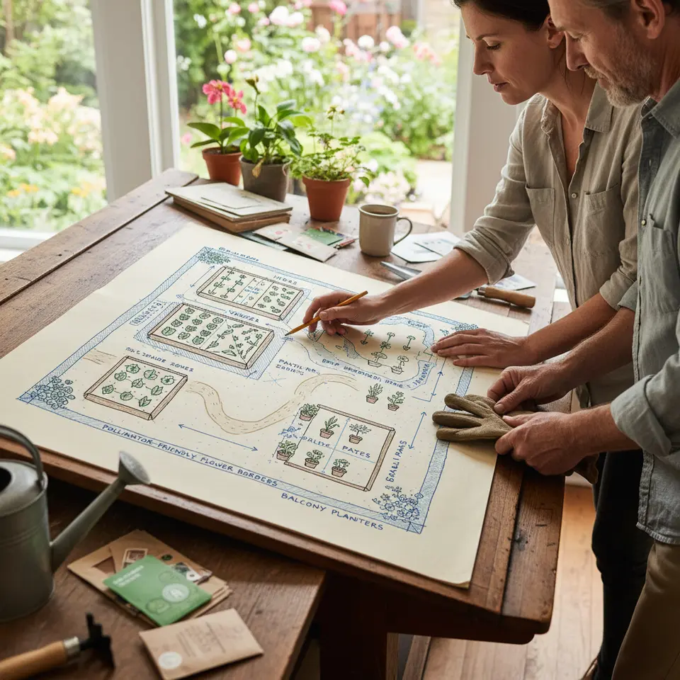 Illustration of a detailed garden layout map showing raised beds, balcony planters, full-sun, partial-shade, and full-shade zones, drip-irrigation lines, winding gravel paths, and pollinator-friendly flower borders