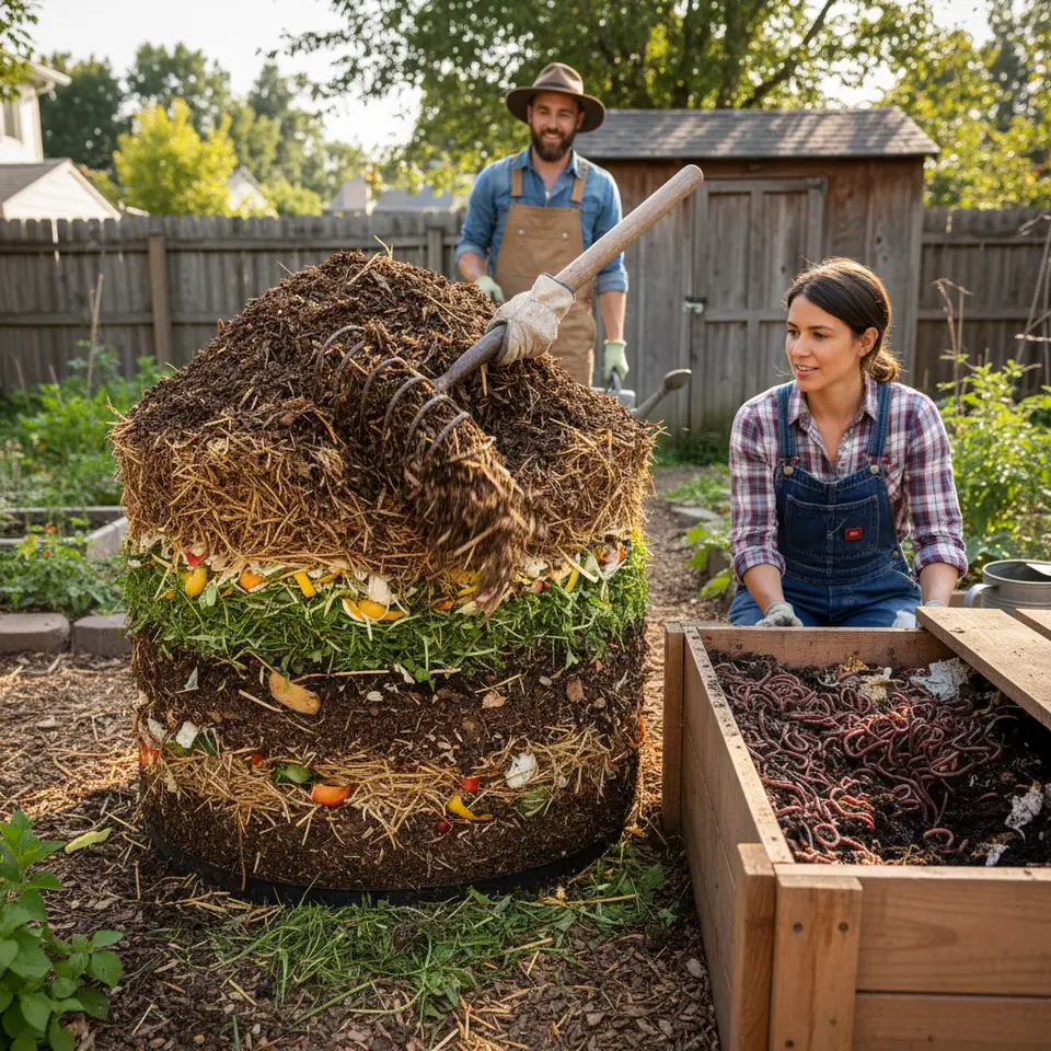 Cross-section view of a backyard composting system with alternating brown (dry leaves, straw) and green (kitchen scraps, grass clippings) layers, a turning pitchfork in action, and a vermicompost bin teeming with red worms