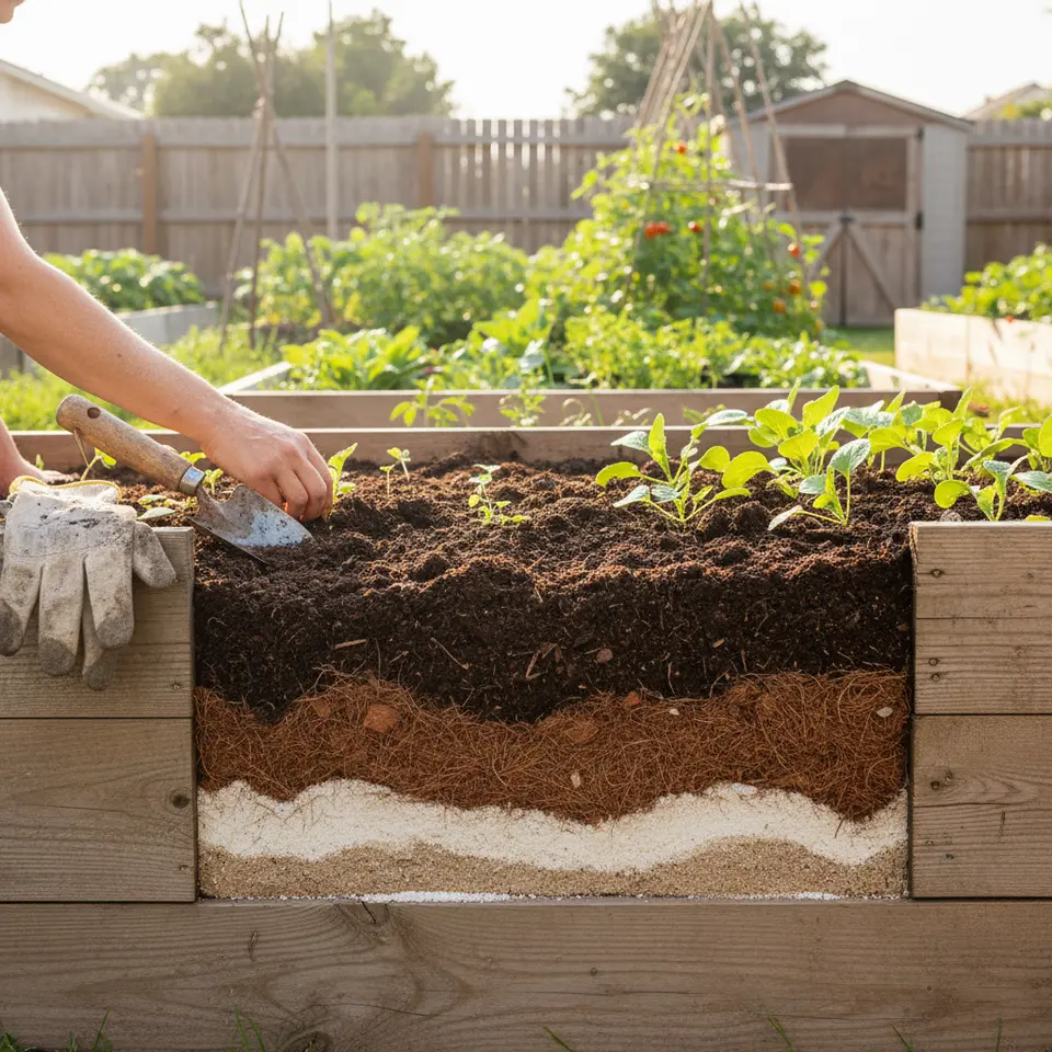 Cross-section of a wooden raised garden bed showing distinct layers of topsoil, aged compost, coconut coir (or peat alternative), and coarse sand or gypsum—seedlings sprouting from the fertile mix; include a trowel, gardening gloves, and a backdrop of a home vegetable garden in bright daylight.