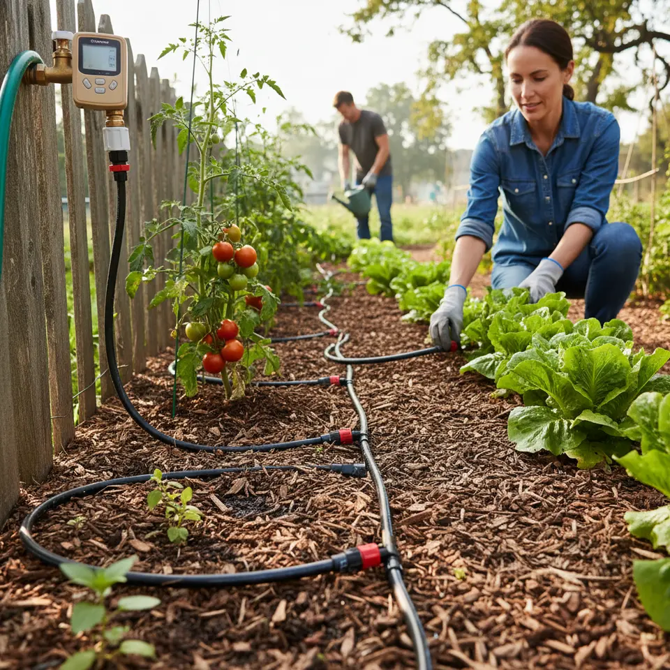 Close-up diagram of a drip irrigation system installed in a garden bed: flexible tubing snaking between rows of leafy greens and tomatoes, adjustable emitters delivering drops of water at each root zone, a timer/controller mounted on a spigot, and a 2–4