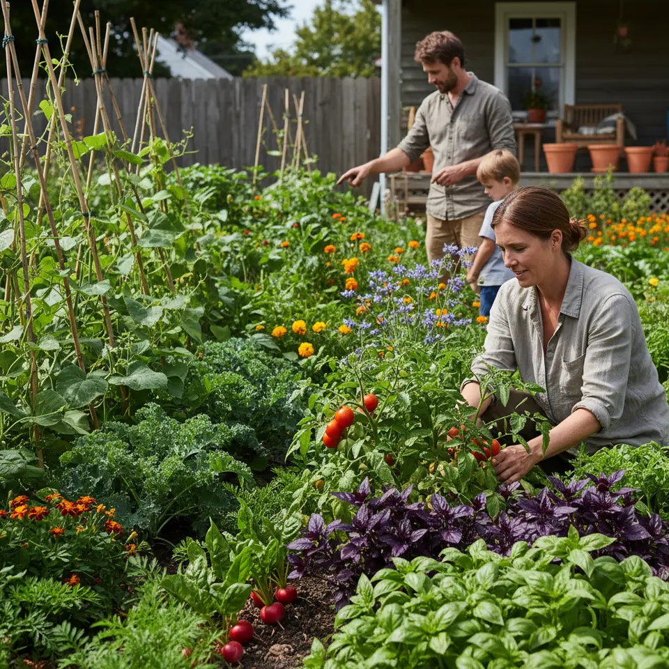 Colorful companion planting scene illustrating tomato plants with basil underplanting, bean vines growing beside leafy greens, radishes intercropped around carrots, and clusters of marigolds and borage attracting pollinators