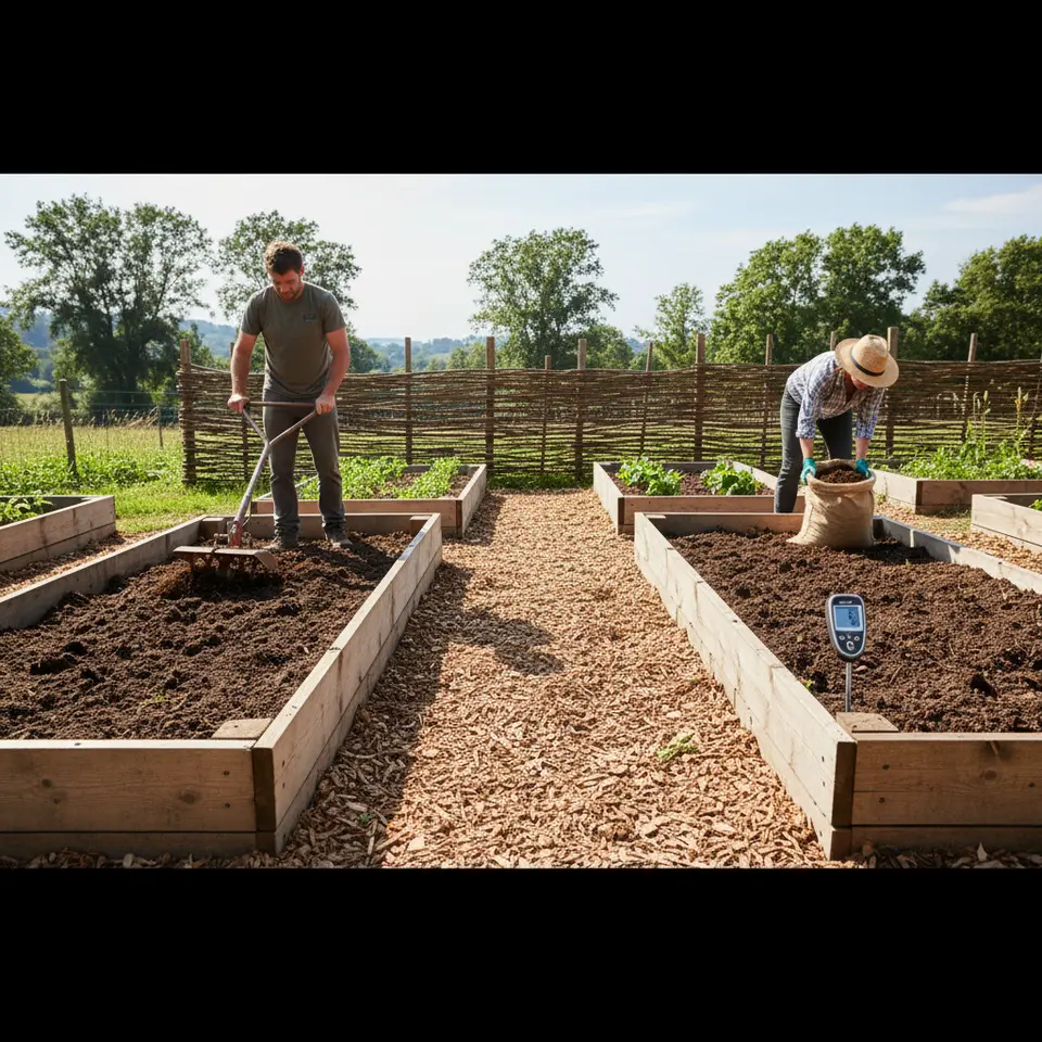 A sunlit garden scene featuring raised beds with dark, compost-rich soil being tilled in, a soil pH meter inserted into the ground, neatly mulched pathways, and protective windbreak fencing in the background—illustrating site selection and organic soil preparation