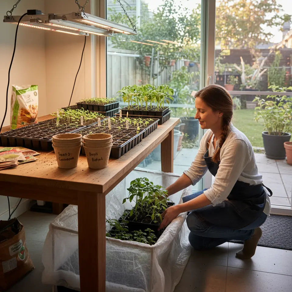 An indoor seed-starting station showing seed trays filled with sprouting seedlings under LED grow lights, biodegradable pots labeled by variety, packets of seeds and potting mix on a worktable, plus a gardener gently hardening off young plants outdoors under a protective shade cover