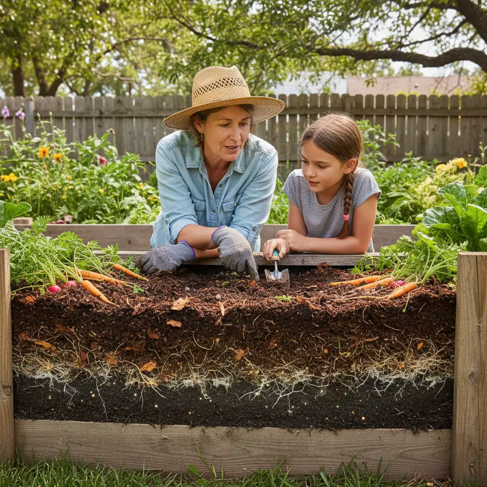 Cross-sectional illustration of an organic garden bed showing soil layers: the base soil topped with 2–4 inches of well-rotted compost, aged manure, leaf mold, and mushroom substrate worked into the top 6–8 inches, with visible root systems, moisture retention, air pockets, and microbial activity