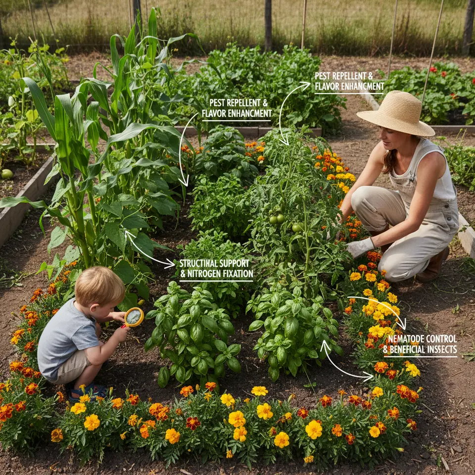 Top-down garden layout diagram depicting companion planting: tomato plants interspersed with basil, corn stalks supporting climbing bean vines, and marigolds planted around the bed edge, with arrows or labels highlighting pest-repellent and mutual-benefit relationships